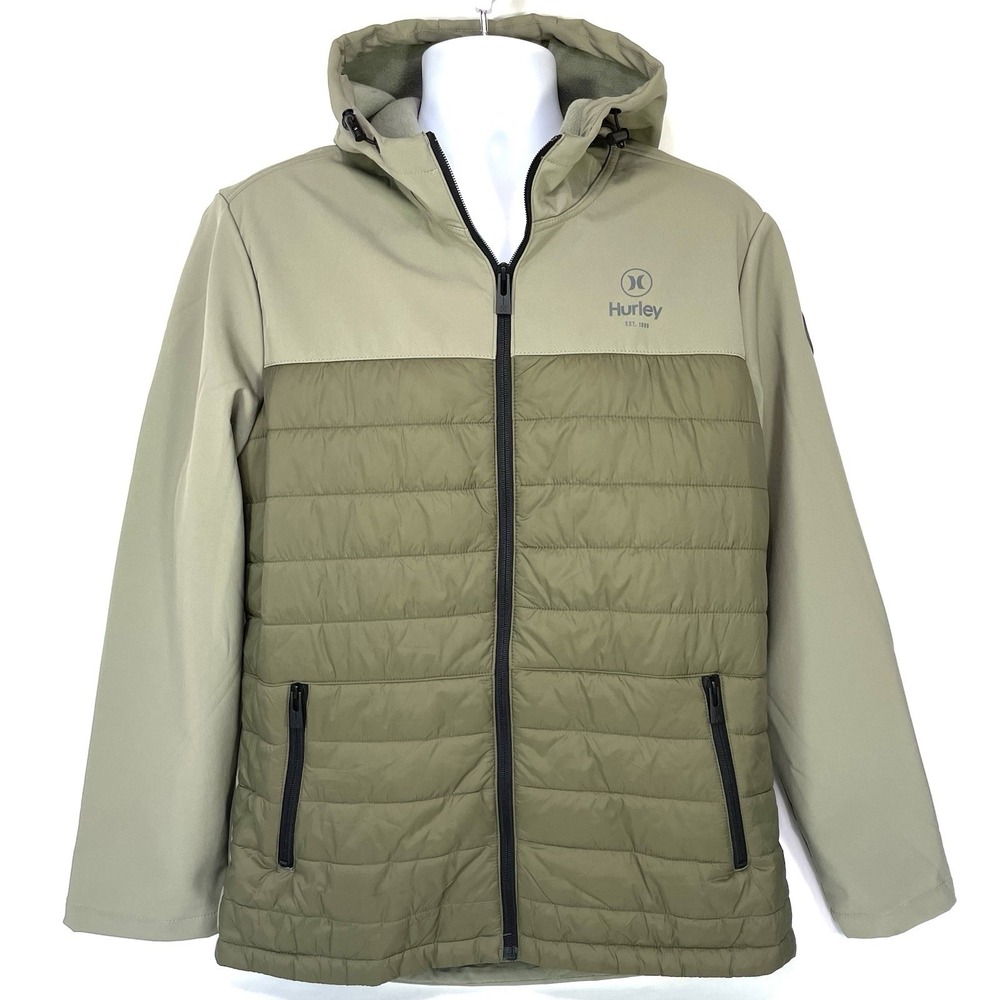 Hurley Hybrid Puffer Softshell Jacket Mens L Olive Green Hooded Full Zip